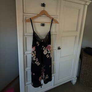 Oscar de la Renta Pink Label Black Floral Chemise Slip Dress Nighgown Size L